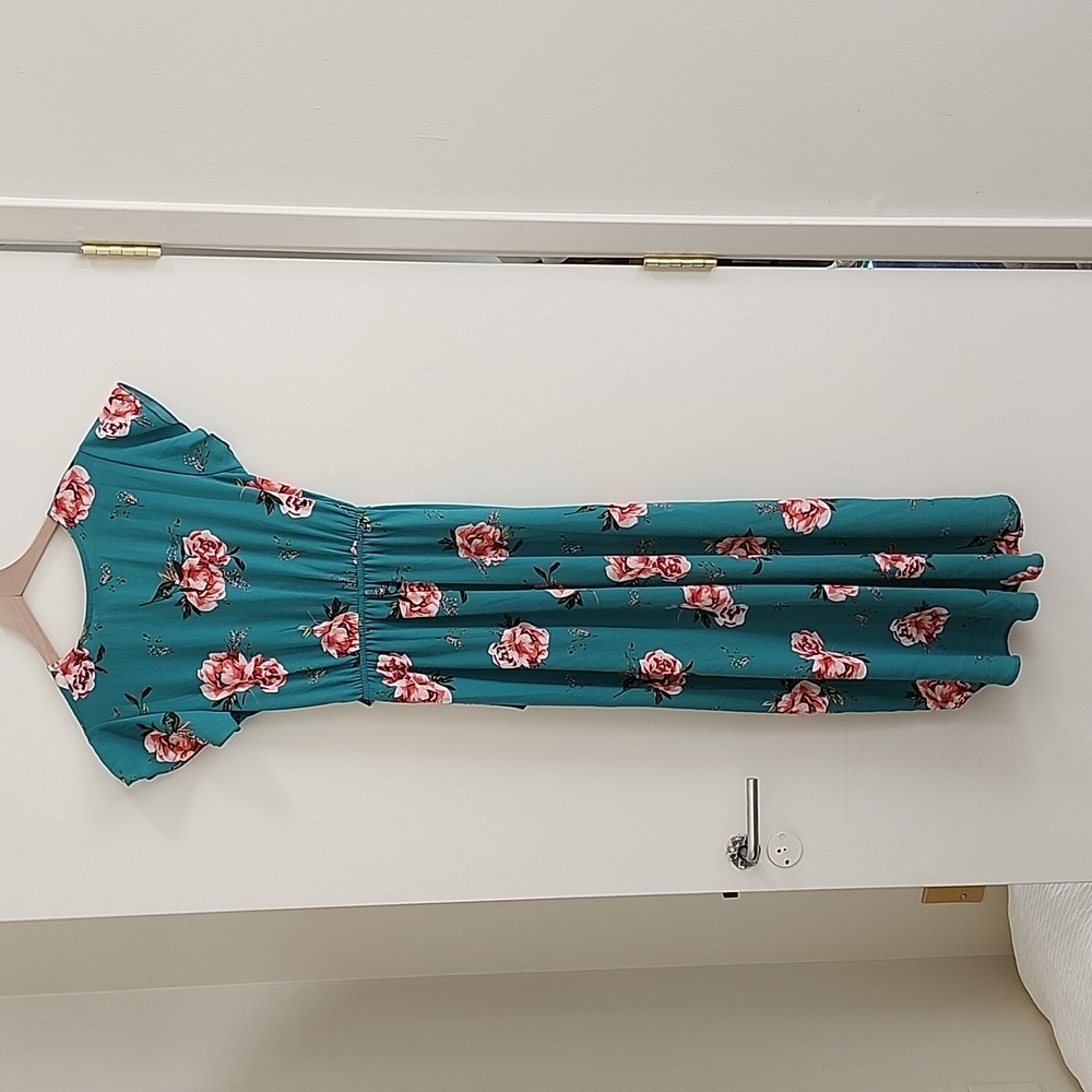 Green Wrap Dress Pink Floral Flower Print - Picture 6 of 7